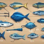 Modern digital painting illustration of various fishing swivels on a wooden table, exploring what are fishing swivels with a blue color theme.