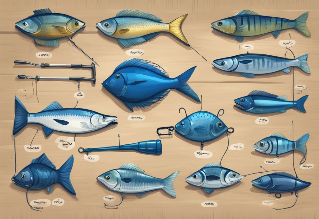 Modern digital painting illustration of various fishing swivels on a wooden table, exploring what are fishing swivels with a blue color theme.