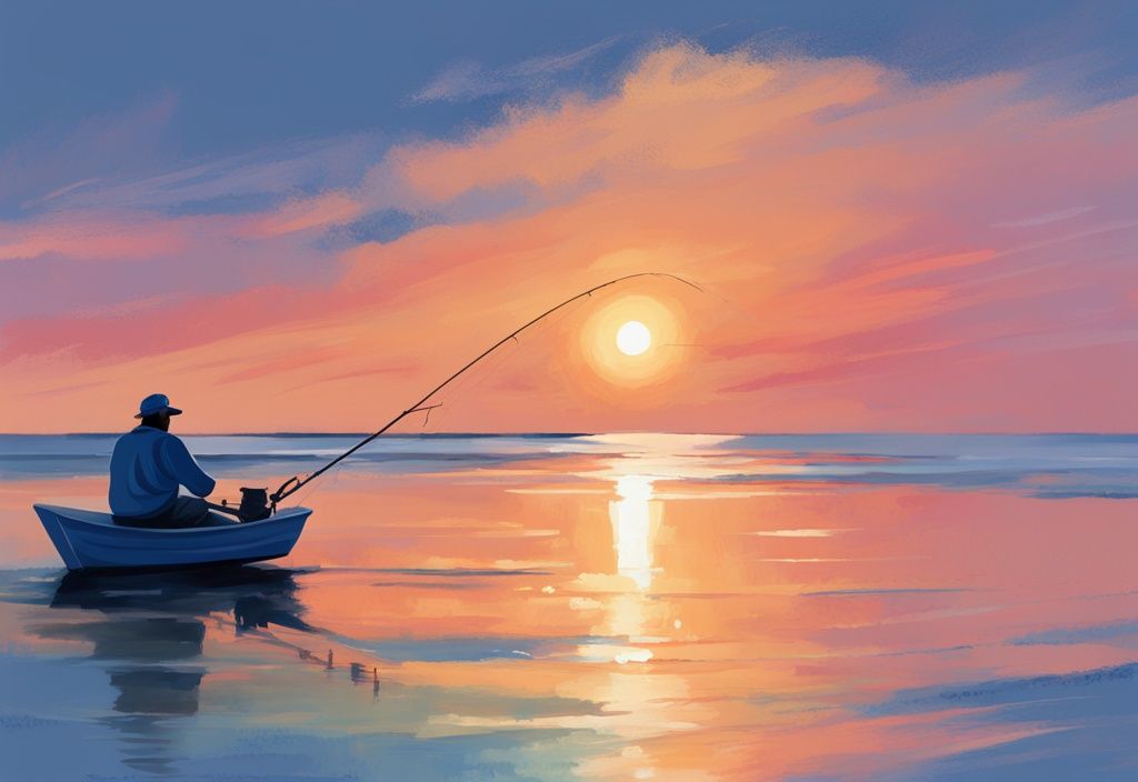 Modern digital painting of a fisherman at sunset on Dauphin Island's tranquil shores, blue color theme.