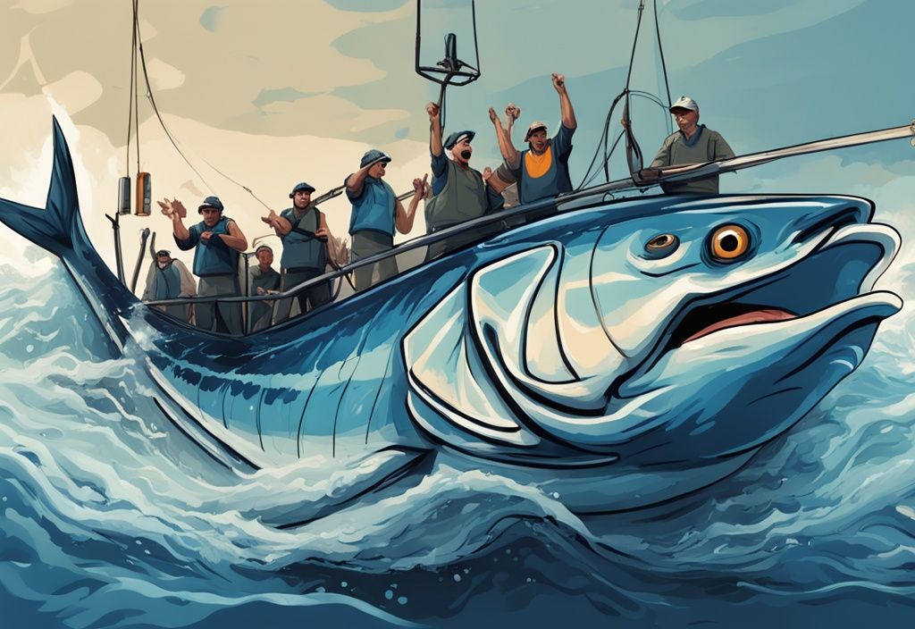 Modern digital painting of a massive tuna fish with excited fishermen, blue color theme, record-breaking catch.