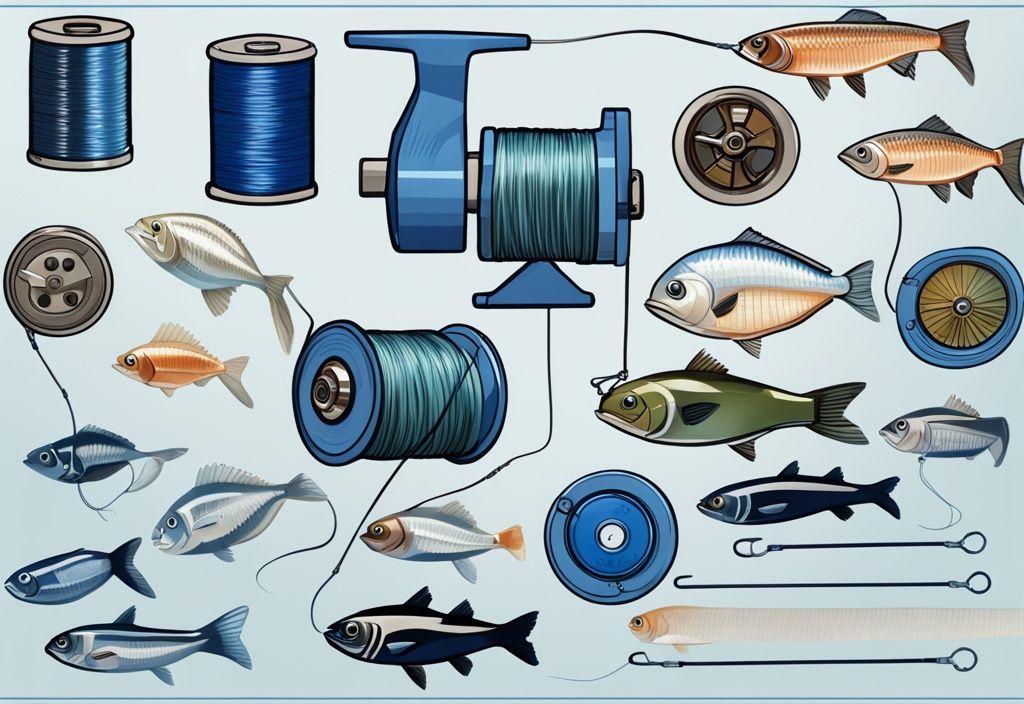 Modern digital painting of five fishing lines with spinning reels, blue color theme, labeled and neatly displayed.