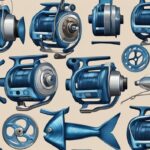 Modern digital painting of various sizes of fishing reels for surf fishing on a sandy beach with ocean waves, illustrating what size reel for surf fishing.