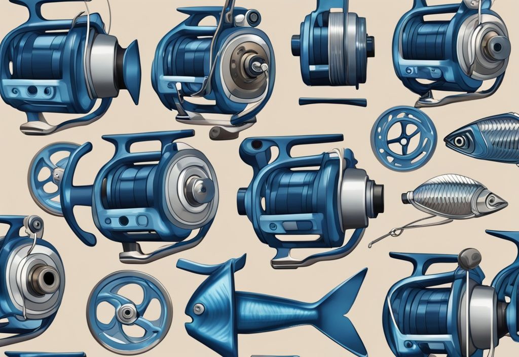 Modern digital painting of various sizes of fishing reels for surf fishing on a sandy beach with ocean waves, illustrating what size reel for surf fishing.