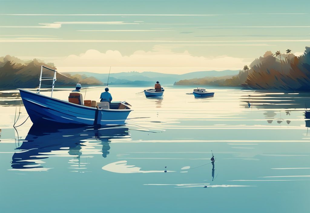 Modern digital painting of a motorboat cruising slowly past recreational fishers in a serene blue-themed scene, illustrating why should boaters slow down while passing recreational fishing boats for peaceful co-existence on calm waters.