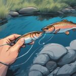 Modern digital painting of hands setting up fishing line for trout, focusing on bait and hook against a serene trout-filled river backdrop.