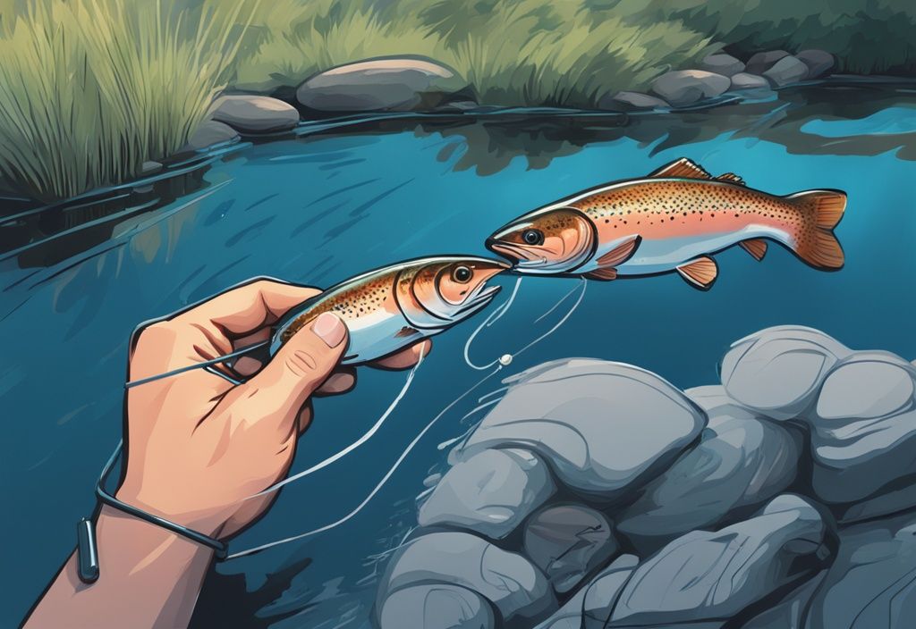 Modern digital painting of hands setting up fishing line for trout, focusing on bait and hook against a serene trout-filled river backdrop.