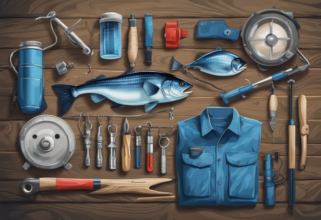 Modern digital painting of 20 unique fishing tools and accessories on a rustic wooden table, blue color theme.