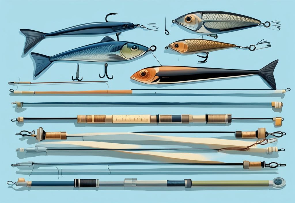 Modern digital painting of five fishing lines with spinning reels, blue color theme, labeled and displayed on a website.