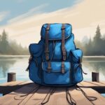 Modern digital painting of the best 5 fishing backpacks on a wooden dock by a serene lake, featuring a blue color theme.