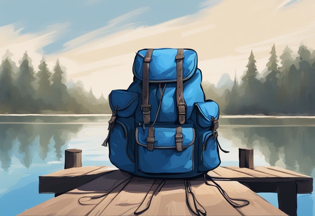 Modern digital painting of the best 5 fishing backpacks on a wooden dock by a serene lake, featuring a blue color theme.