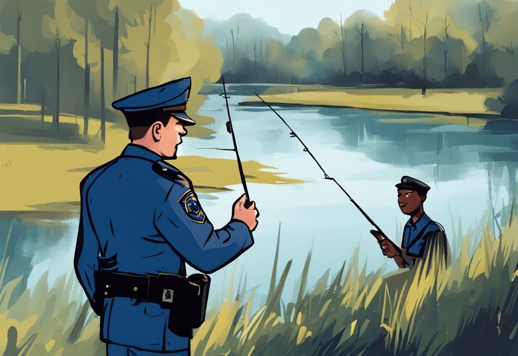 Digital painting of officer issuing ticket to surprised fisherman by a blue-themed river.