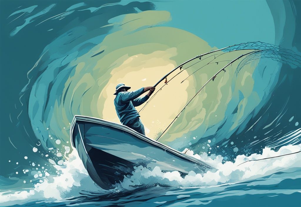 Modern digital painting of a fisherman in a boat reeling in a large fish leaping out of the water, capturing the excitement of what is topwater fishing, with a blue color theme.