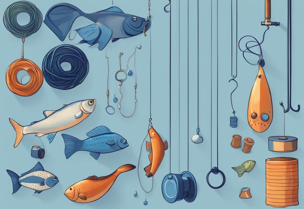 Digital painting of a fishing line holding fish and weights in blue theme, showcasing strength and diversity.