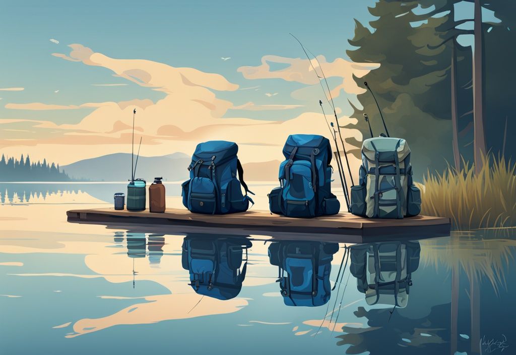 Modern digital painting of five fishing backpacks filled with gear against a serene lake backdrop, blue color theme.