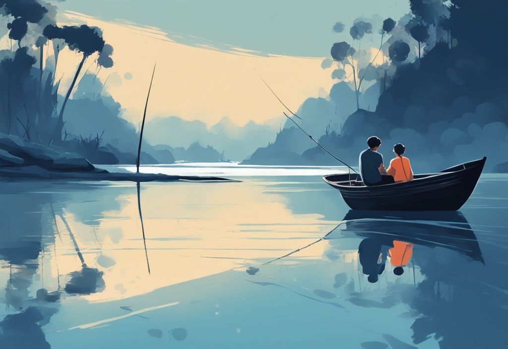 Modern digital painting of a serene fishing scene with a blue color theme, featuring a lone fisherman whispering to a child, emphasizing silence.