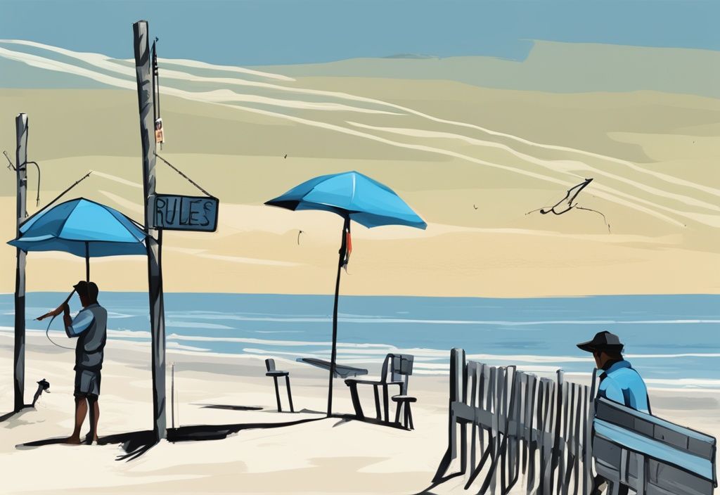 Modern digital painting of Gulf Shores beach scene with blue tones, featuring people fishing and artistic signs displaying beach fishing rules.