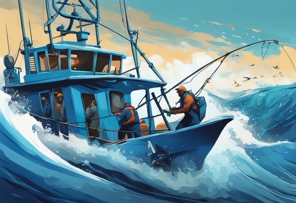 Modern digital painting of fishermen catching a large tuna in vibrant blue ocean waves during peak fishing season.