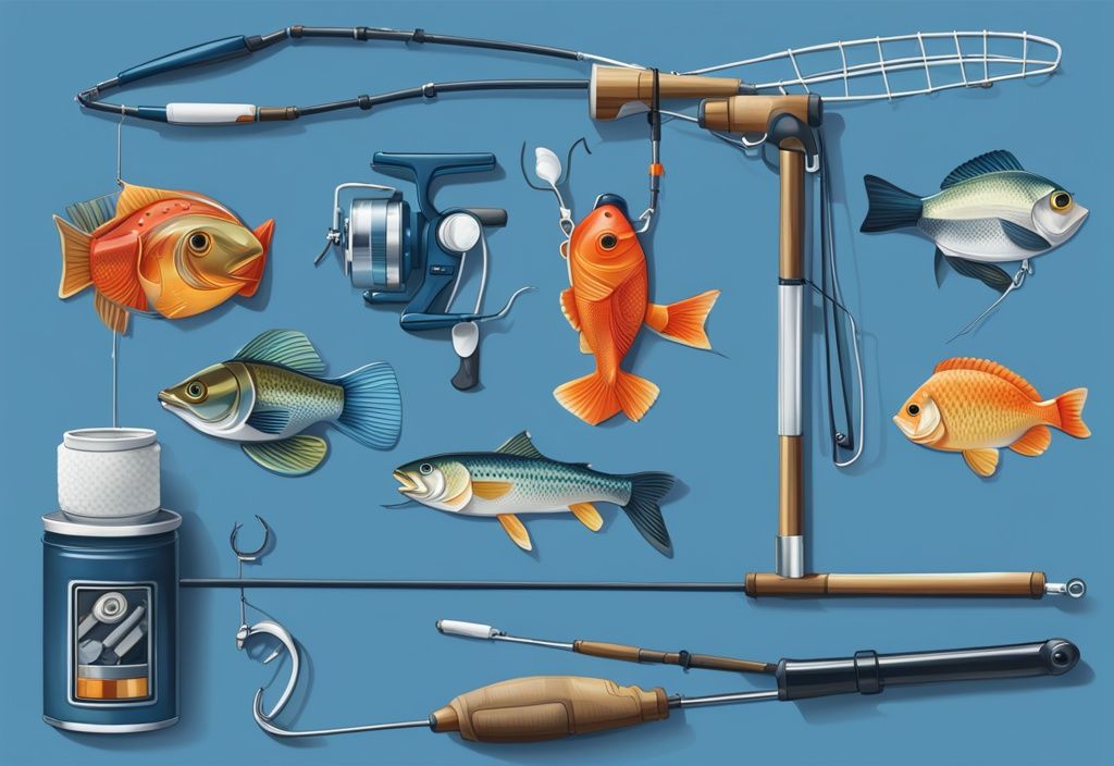 Modern digital painting illustration featuring a diverse array of the best 20 gifts for fishermen, creatively displaying top fishing accessories with captivating standout features in a blue color theme.