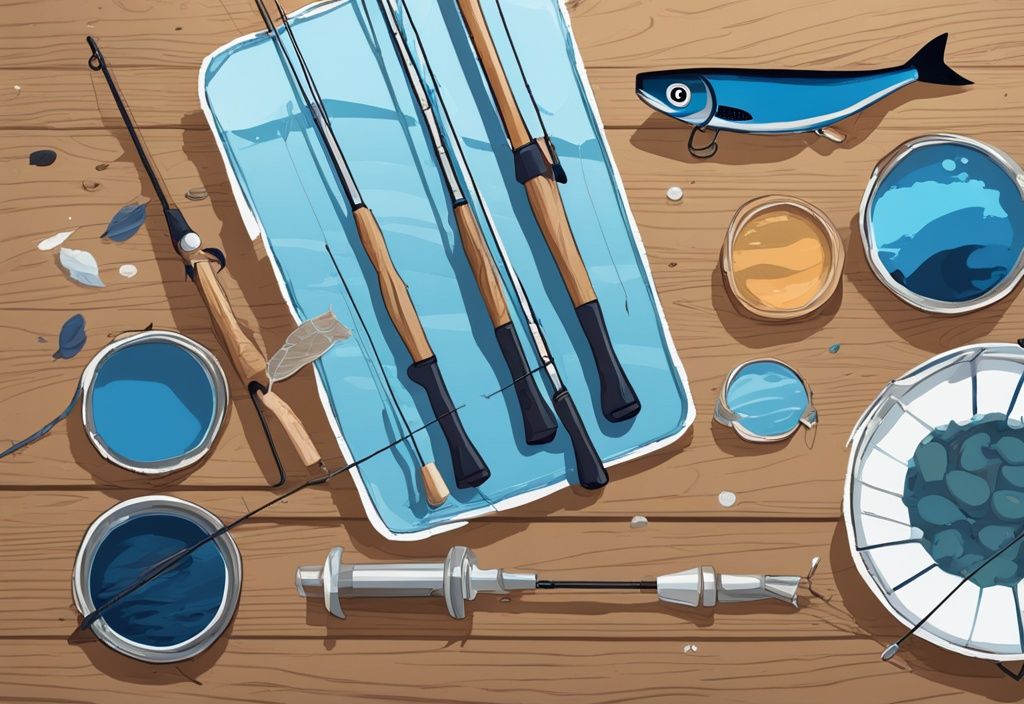 Modern digital painting of fishing leaders and rod on wooden table, blue theme, close-up view, tagged for specific uses.