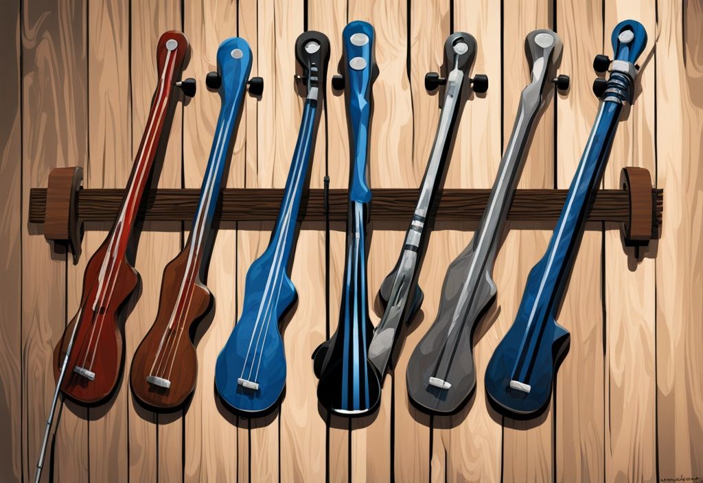 Modern digital painting of the best 5 bass rods on a rugged wooden surface with a blue color theme, showcasing their unique features and top-ranking performance.