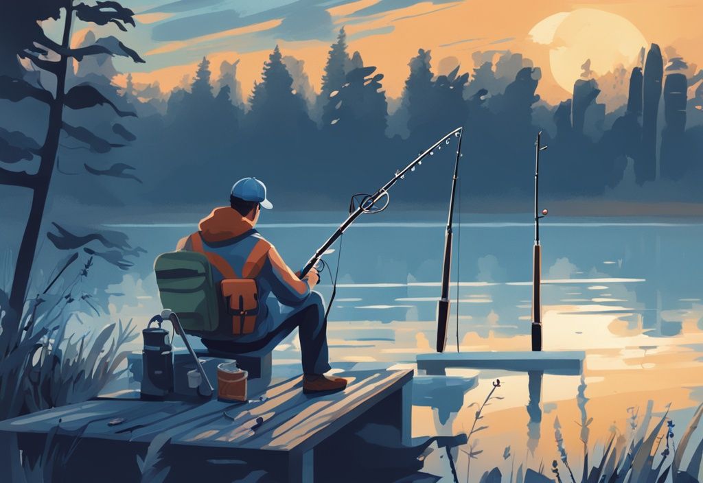 Modern digital painting of a hobbyist fishing at dawn, featuring a blue color theme, with a calendar of fishing seasons in the background.