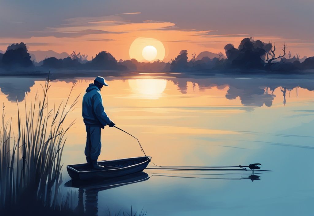 Modern digital painting of a fisherman on a serene lake at dawn, illustrating what time of day is best for fishing.