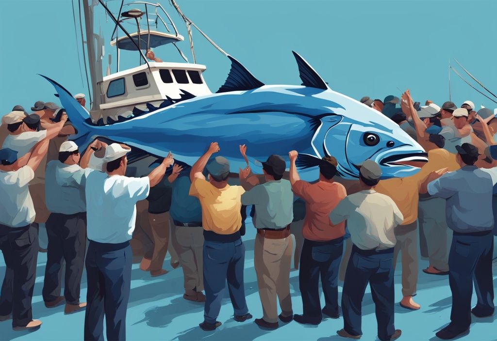 Digital painting of a giant blue tuna fish with excited fishermen holding their record-breaking catch.