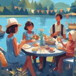 Modern digital painting of a lively outdoor fishing party by a lake, featuring people of all ages enjoying fishing activities with blue-themed decorations and party essentials, ideal for fishing party ideas.