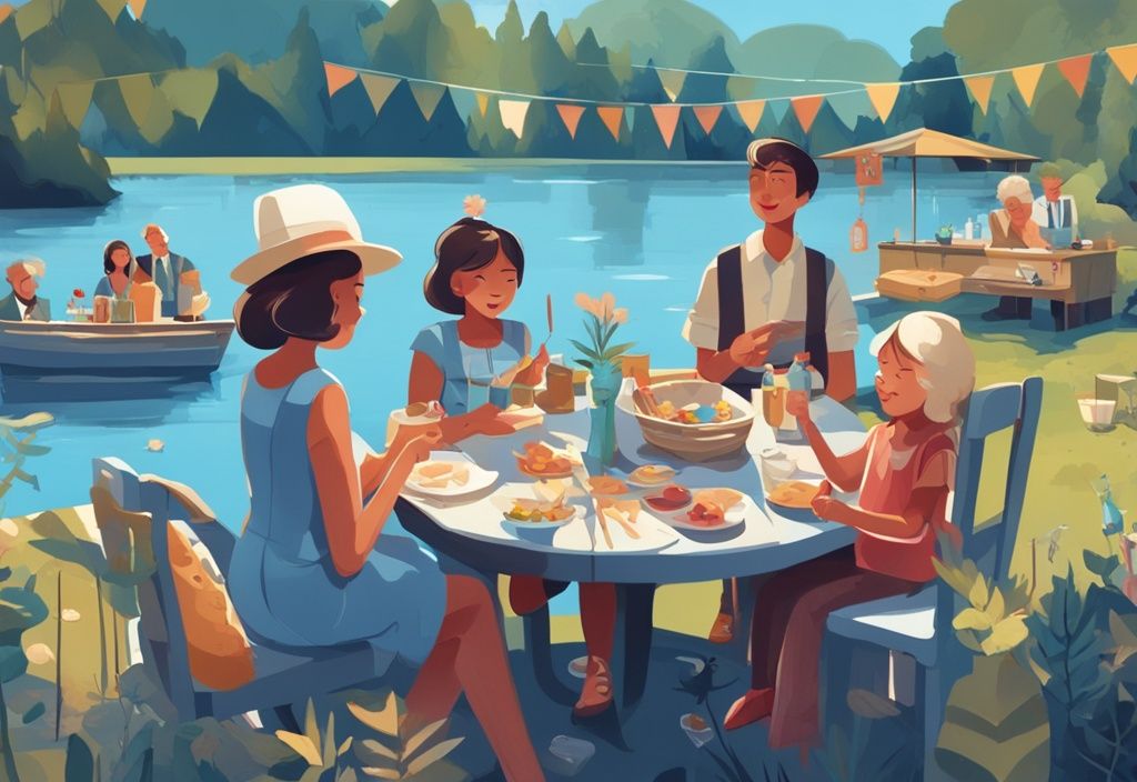 Modern digital painting of a lively outdoor fishing party by a lake, featuring people of all ages enjoying fishing activities with blue-themed decorations and party essentials, ideal for fishing party ideas.