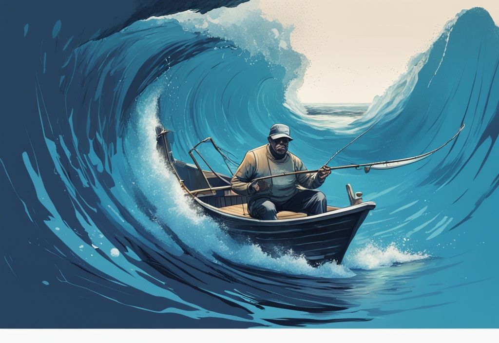 Triumphant fisherman on boat with colossal fish, modern digital painting, blue theme, serene ocean backdrop.