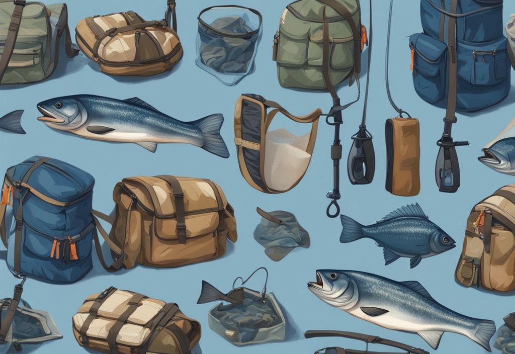 Modern digital painting of blue-themed sling packs with fishing gear by a lakeside backdrop.