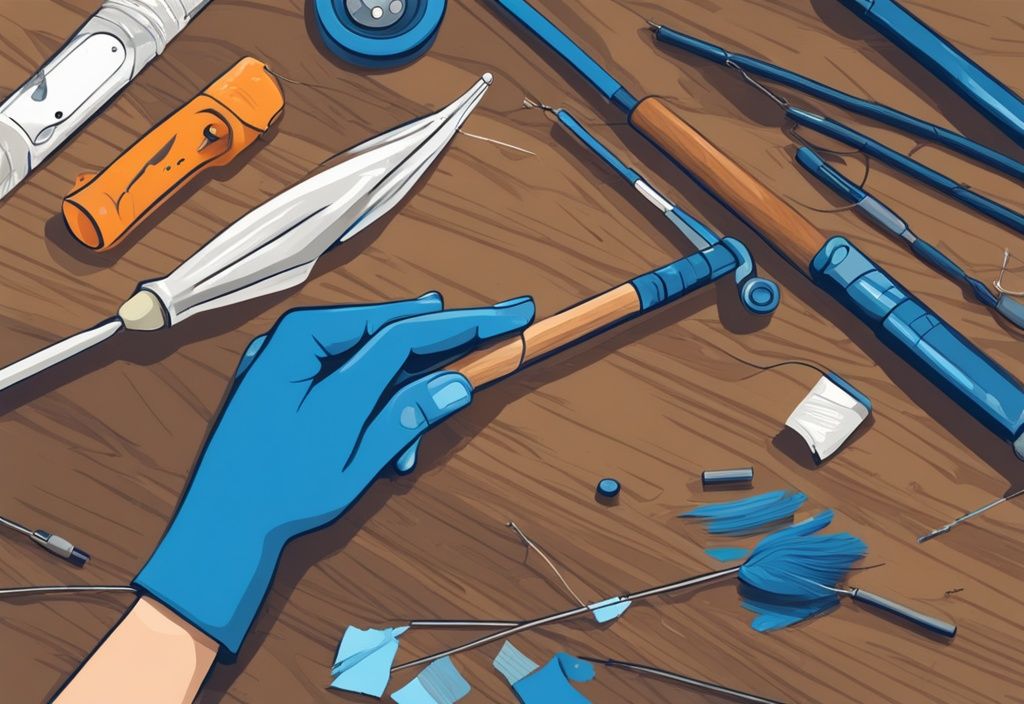 Modern digital painting of hands repairing a broken fishing rod on a wooden surface with a blue color theme and repair kit nearby.