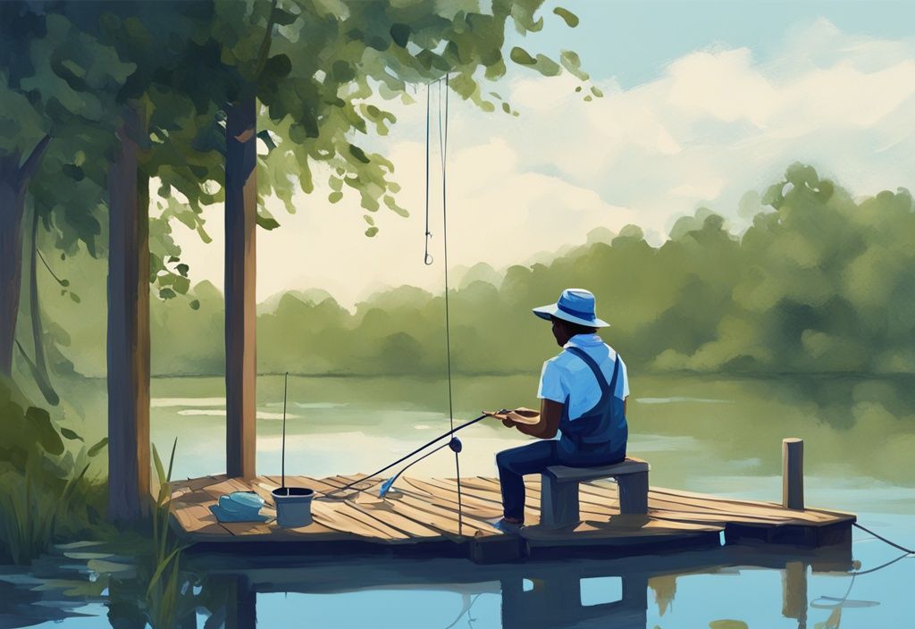 Digital painting of a person fishing from a wooden dock in Alabama, surrounded by lush greenery, with a blue color theme.