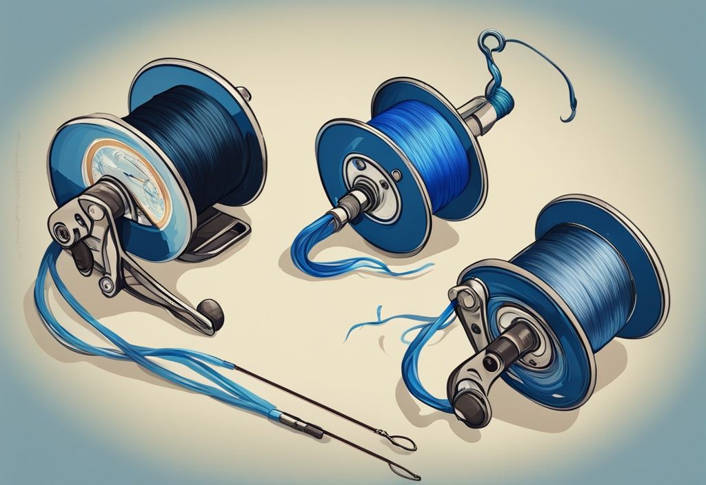 Modern digital painting illustrating the best 5 fishing lines for spinning reels in blue theme, showcasing unwound lines from spinning reels for comparison.