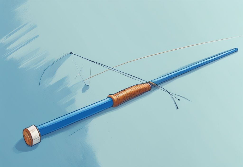 Digital painting of a fishing rod with worn-out line next to a ruler, blue color theme, line length measurement.