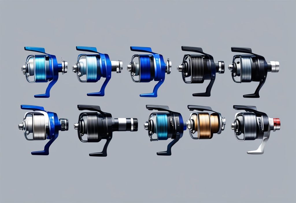 Modern digital painting illustration featuring the best 8 inshore spinning reels in blue theme, showcasing high-quality reels with key features in two neat rows.