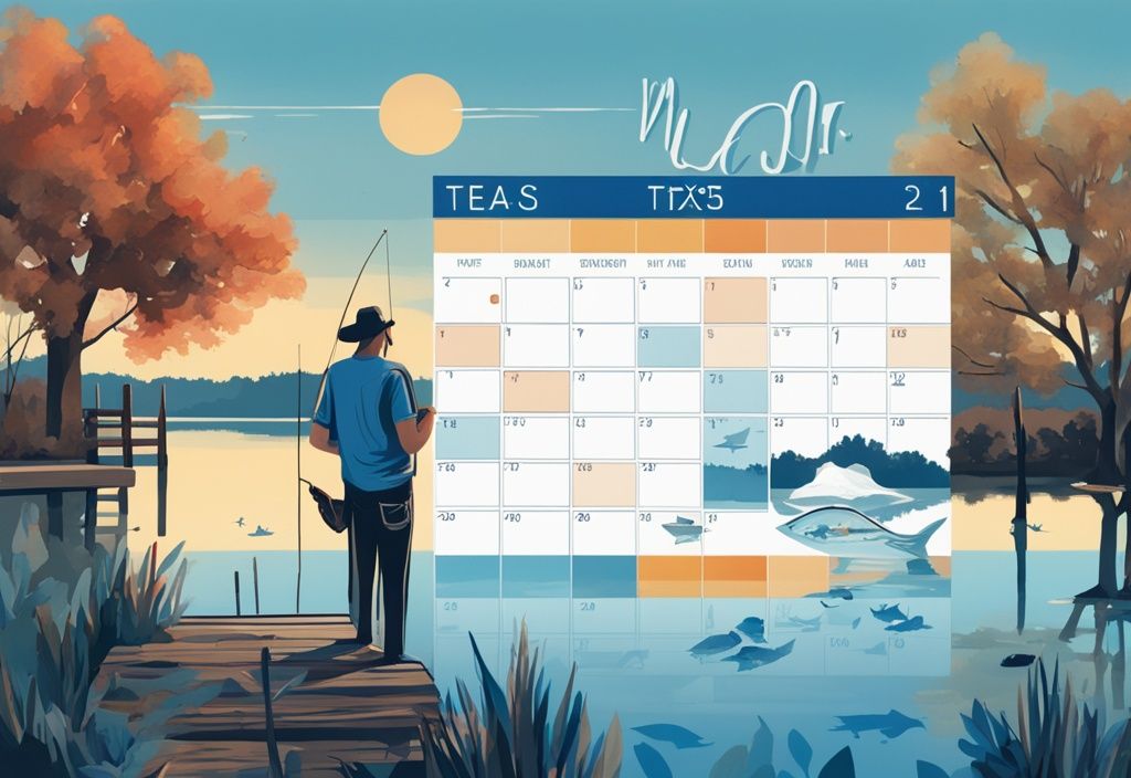 Digital painting of a Texas fishing calendar with blue theme, showcasing fishing seasons and a serene lake backdrop with people fishing.