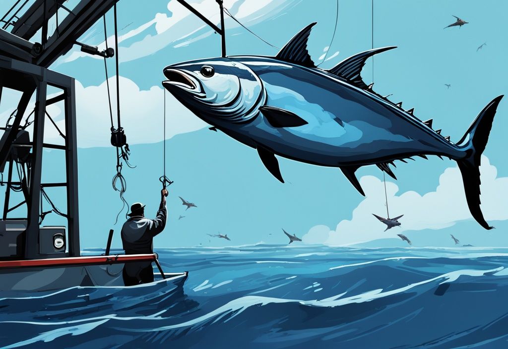 A digital painting of the biggest tuna ever caught, featuring a colossal bluefin tuna hoisted by a fishing crane, surrounded by celebrating fishermen.