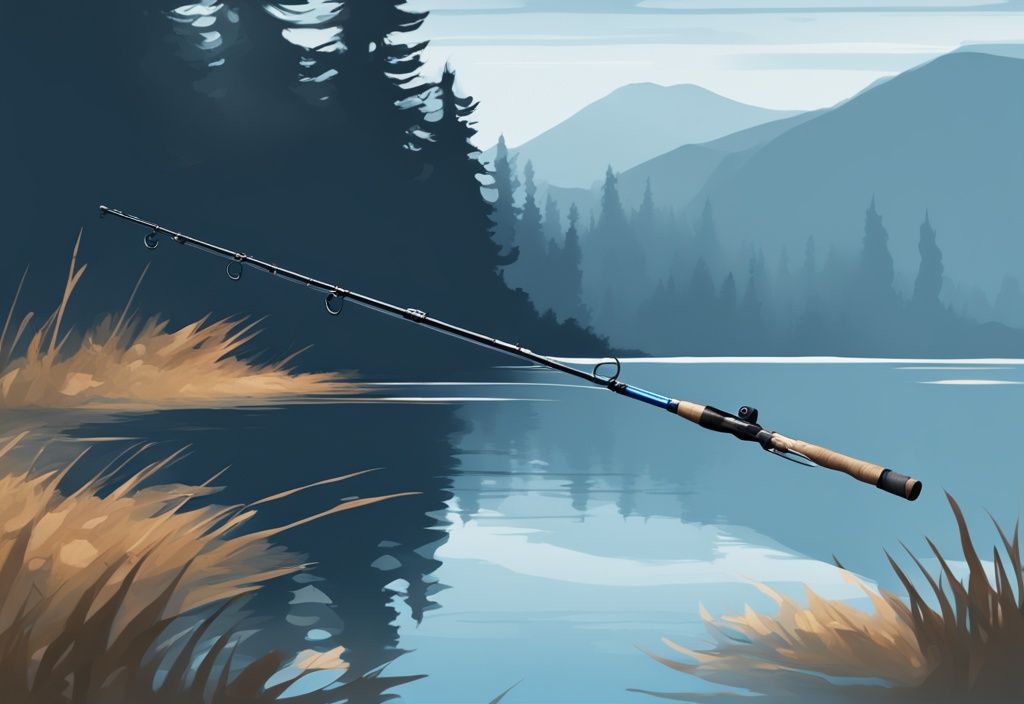 Modern digital painting of a blue-themed spinning rod with sleek design by a calm lake background.