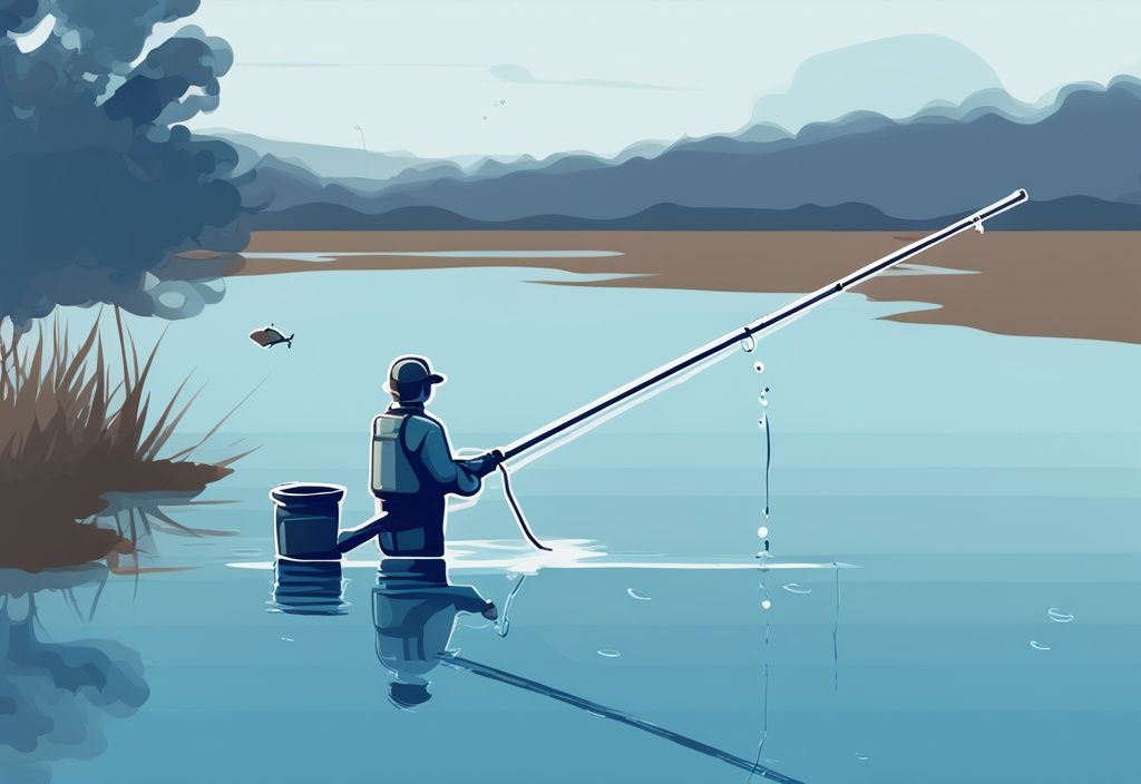 Modern digital painting of a blue-themed fishing scene with a rod and drop shot rig in calm water.