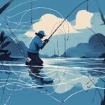 Modern digital painting of a tangled fishing line on a rod, illustrating the common angler issue: why does my fishing line keep getting tangled.