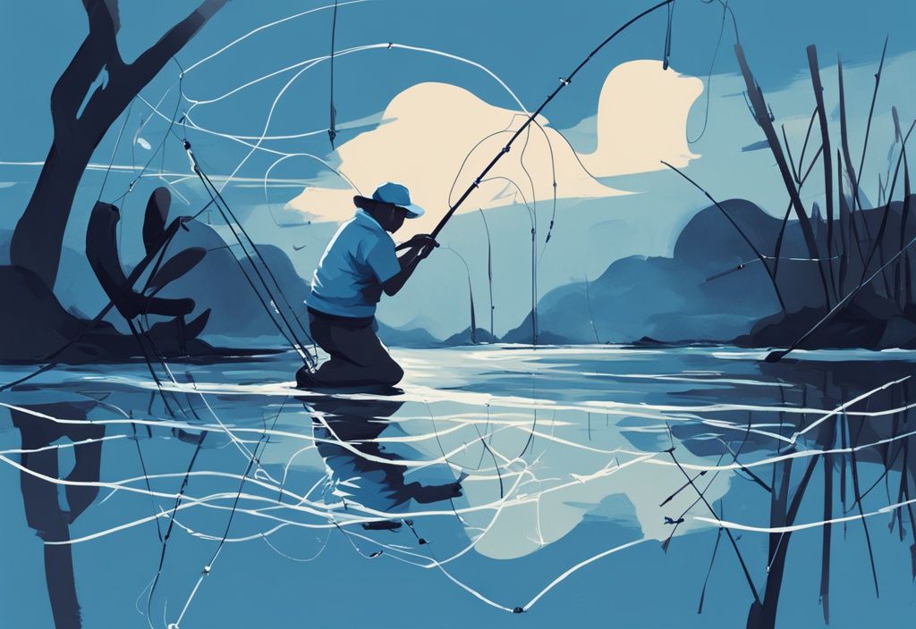 Modern digital painting of a tangled fishing line on a rod, illustrating the common angler issue: why does my fishing line keep getting tangled.