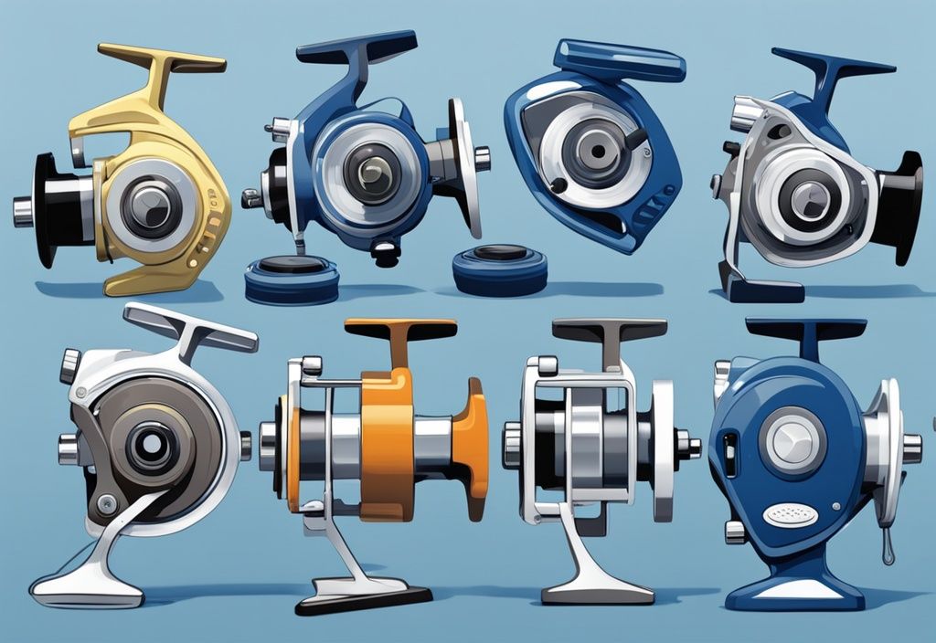 Modern digital painting of best 5 spinning reels under $100, featuring blue-themed illustration with price tags.