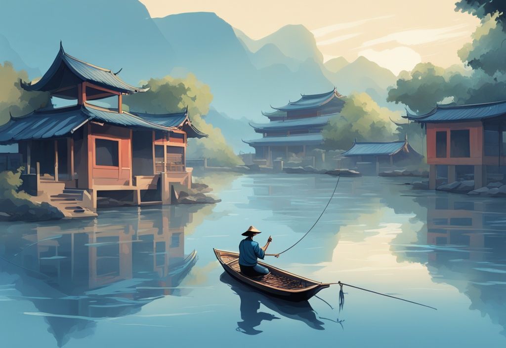 Modern digital painting of Asian fisherman casting net in tranquil river, featuring blue color theme, traditional fishing equipment, and Asian architecture in background.