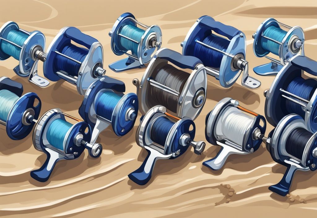 Modern digital painting of blue-themed fishing reels on sandy beach with ocean waves, depicting surf fishing scene.