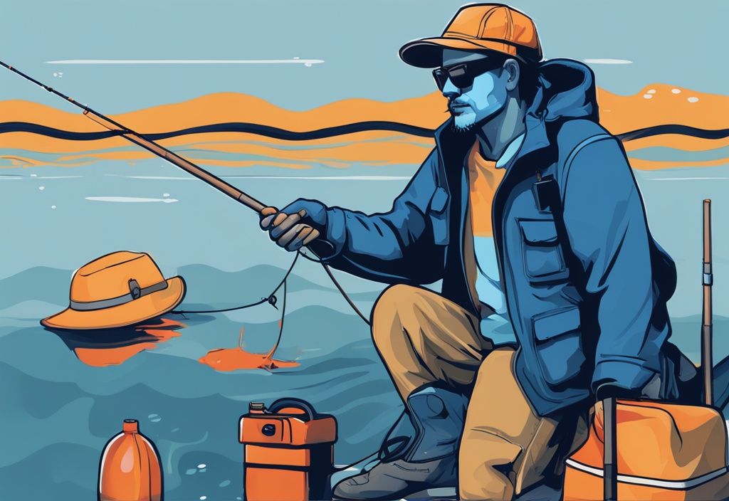 Modern digital painting of a fisherman in blue-themed attire with waterproof jacket, hat, gloves, sunglasses, sturdy shoes, tackle box, and fishing rod.