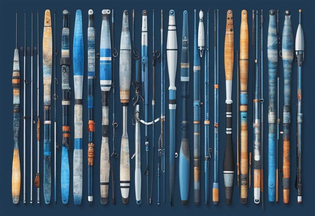 Modern digital painting illustration featuring the best 10 fishing pole brands, showcasing unique designs and features with a blue color theme.