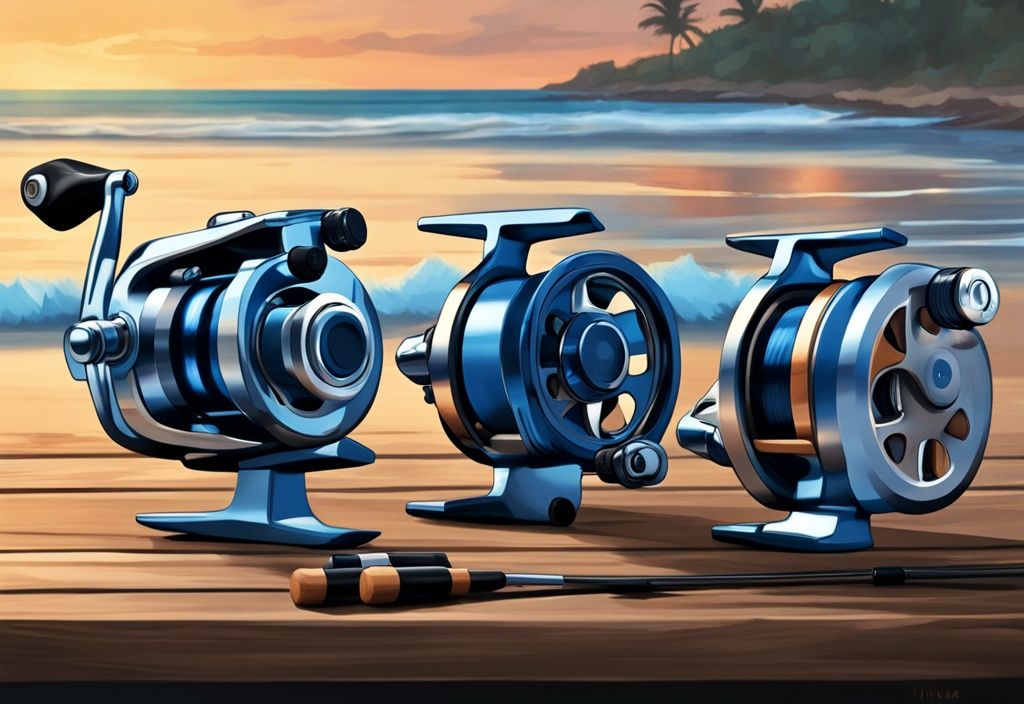 Modern digital painting of five surf fishing reels on rustic table with beach sunset backdrop, blue color theme.