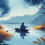 Modern digital painting of a fisherman float fishing on a calm blue lake, casting a line with a bright float.