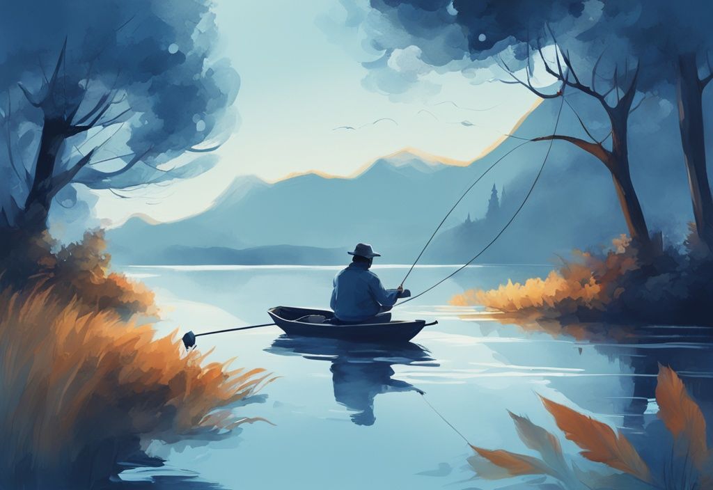 Modern digital painting of a fisherman float fishing on a calm blue lake, casting a line with a bright float.